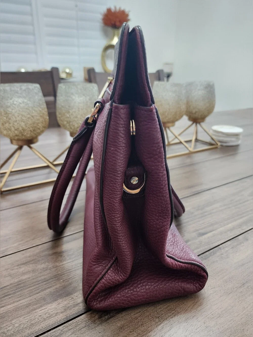 Michael Kors Burgundy Pebbled Leather Tote with Gold Hardware